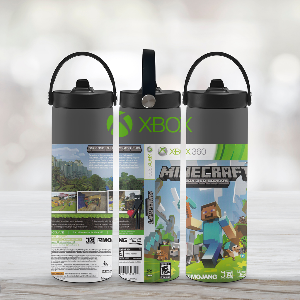 Three water bottles with Minecraft and Xbox branding on a light background