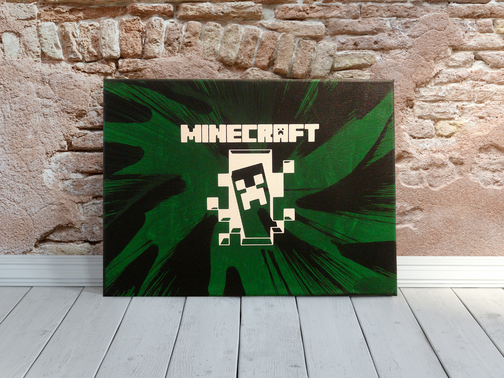 Minecraft Spin Art canvas wall art against a brick wall.