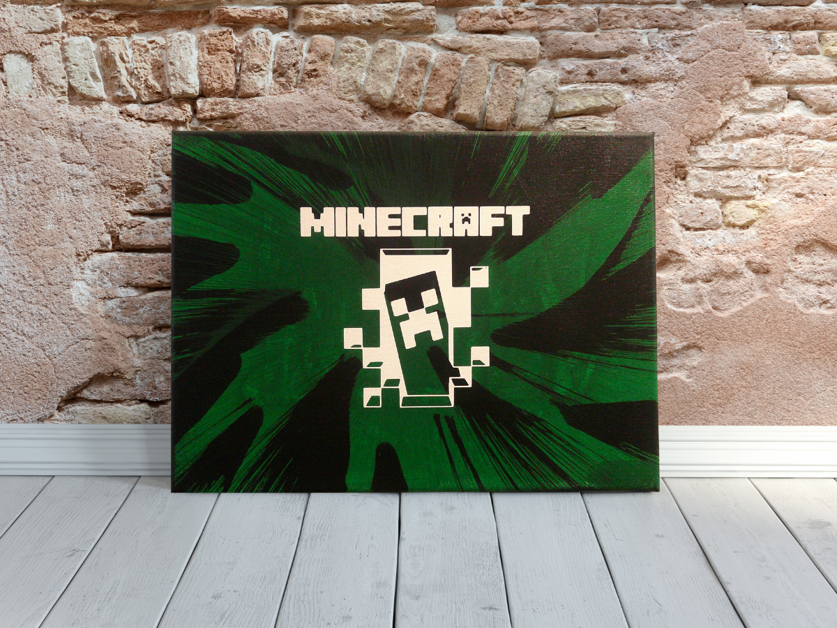 Minecraft Spin Art canvas wall art against a brick wall.