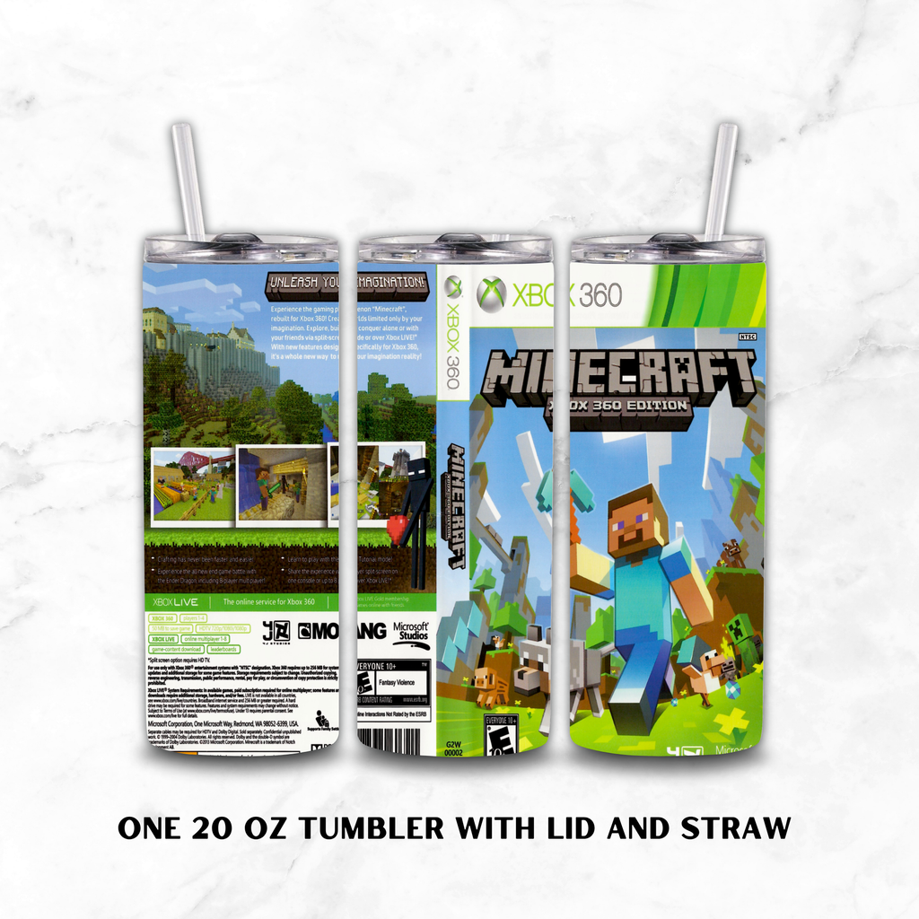 Three views of a 20 oz tumbler with lid and straw, featuring Minecraft Xbox 360 Edition artwork on a white marble background. The image shows the front, back, and side panels of the tumbler wrap, with text at the bottom reading 'ONE 20 OZ TUMBLER WITH LID AND STRAW'.