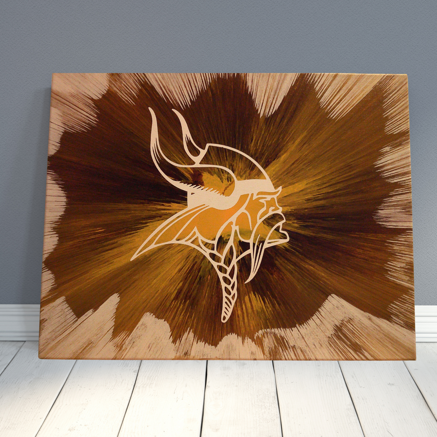 Handmade abstract spin art inspired by Minnesota Vikings team colors, perfect for sports fan decor