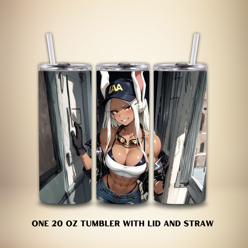 Three 20oz tumblers with anime character Mirko of My Hero Academia with a tan background. 