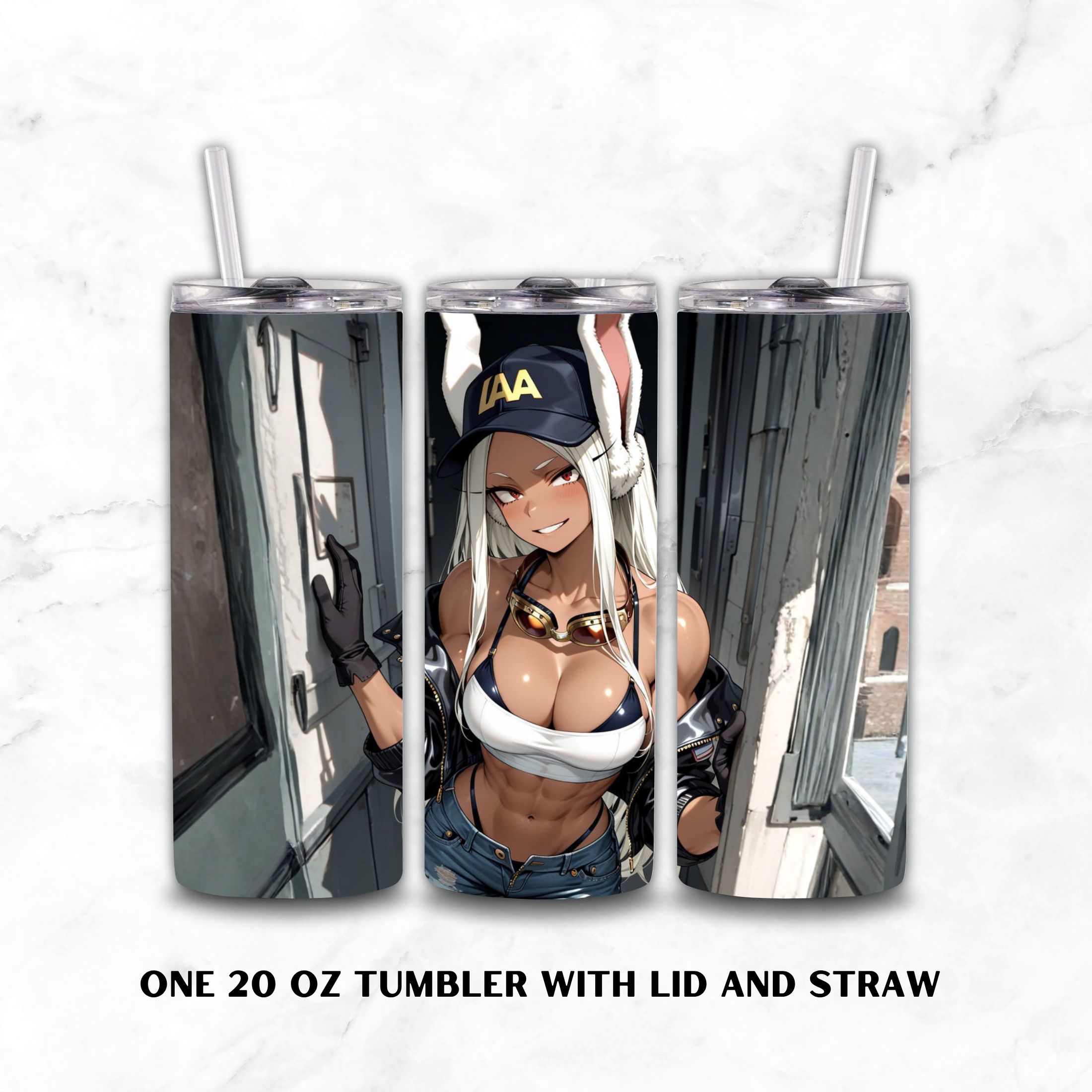 Three-view mockup of a 20 oz insulated tumbler with lid and straw, featuring Mirko an anime-style bunny girl character printed across the tumbler. The tumbler is shown on a white marble background with text reading 'ONE 20 OZ TUMBLER WITH LID AND STRAW'.