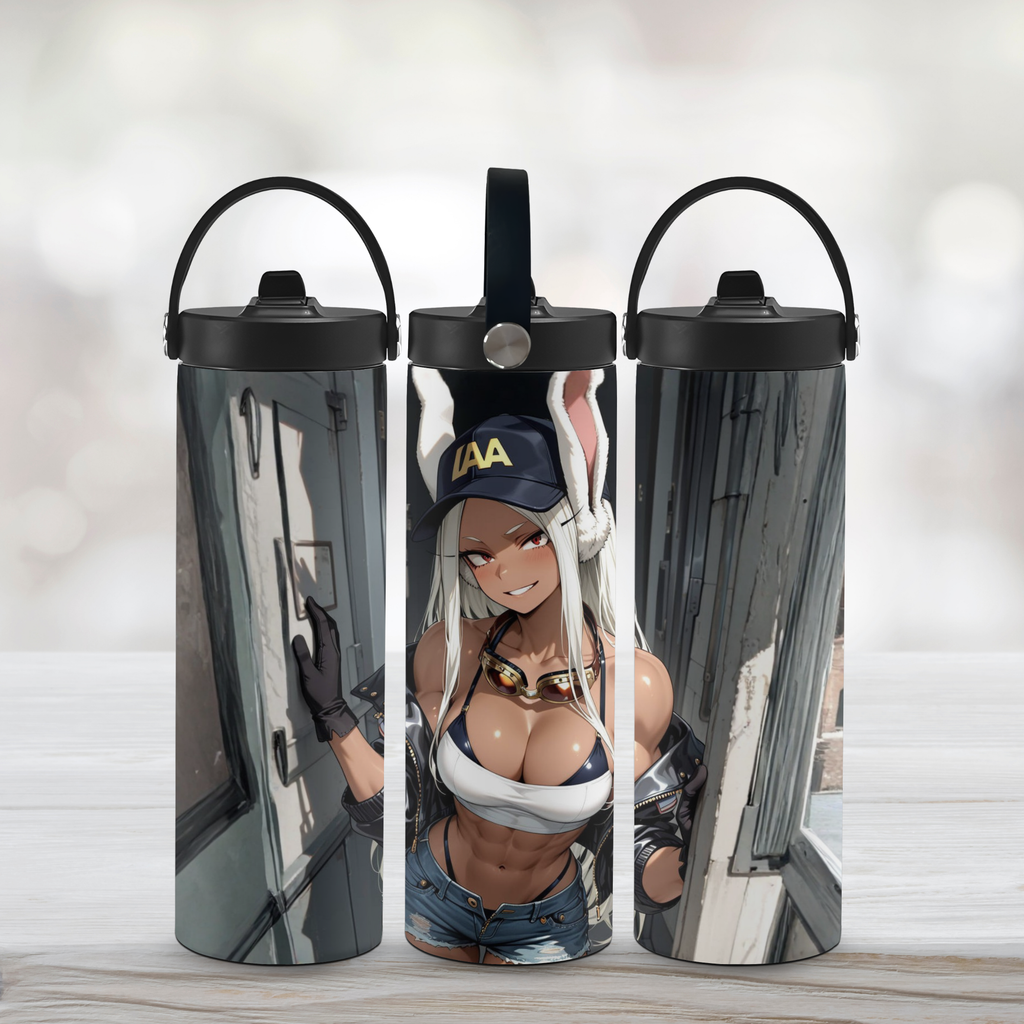 Three sports water bottles with anime character Mirko of My Hero Academia with a white background.