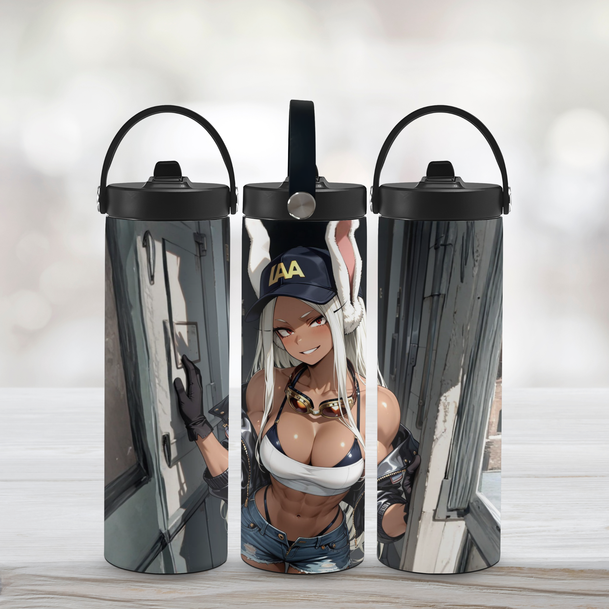 Three sports water bottles with anime character Mirko of My Hero Academia with a white background.