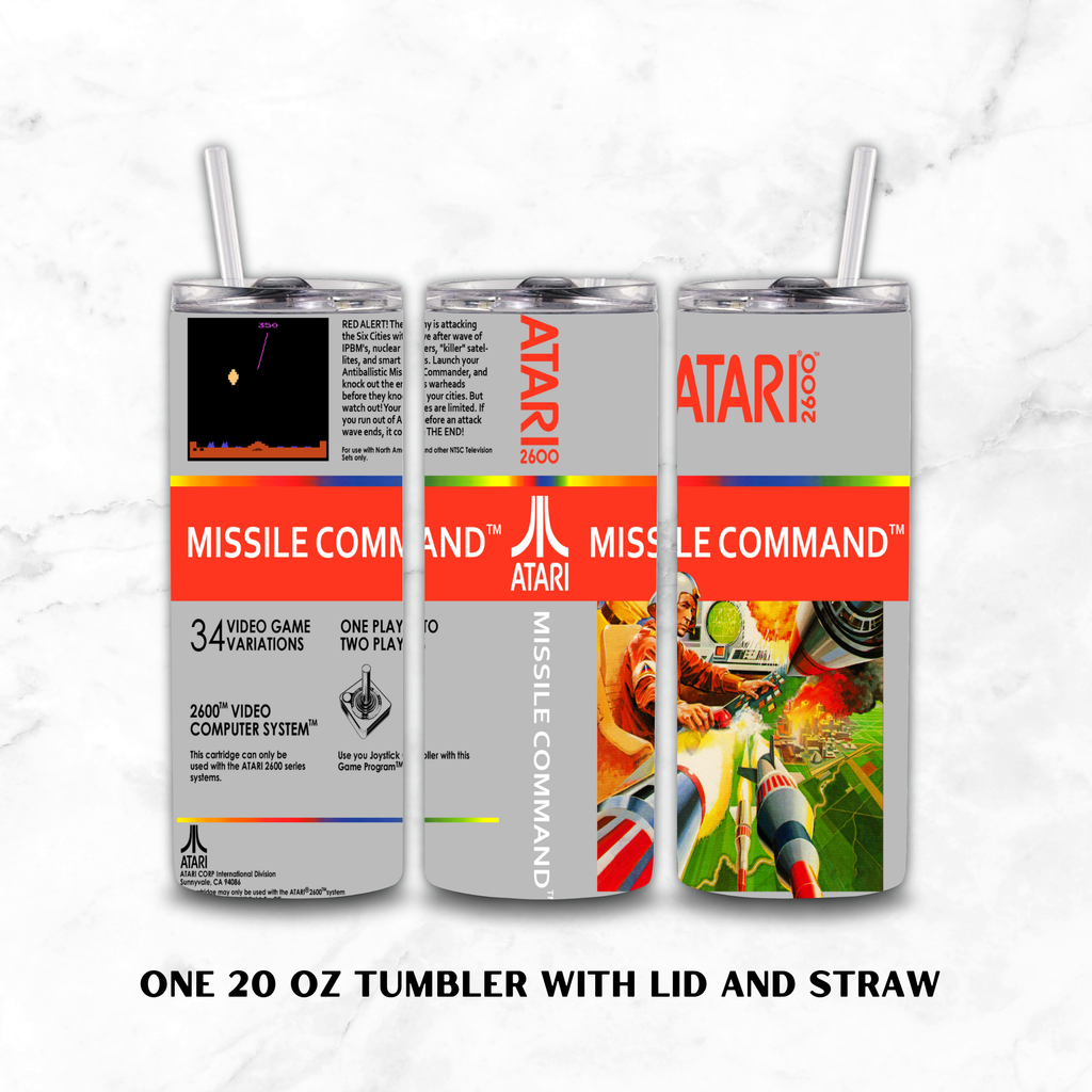 Three views of a 20 oz stainless steel tumbler with a lid and straw, featuring Atari Missile Command graphics on a white marble background.