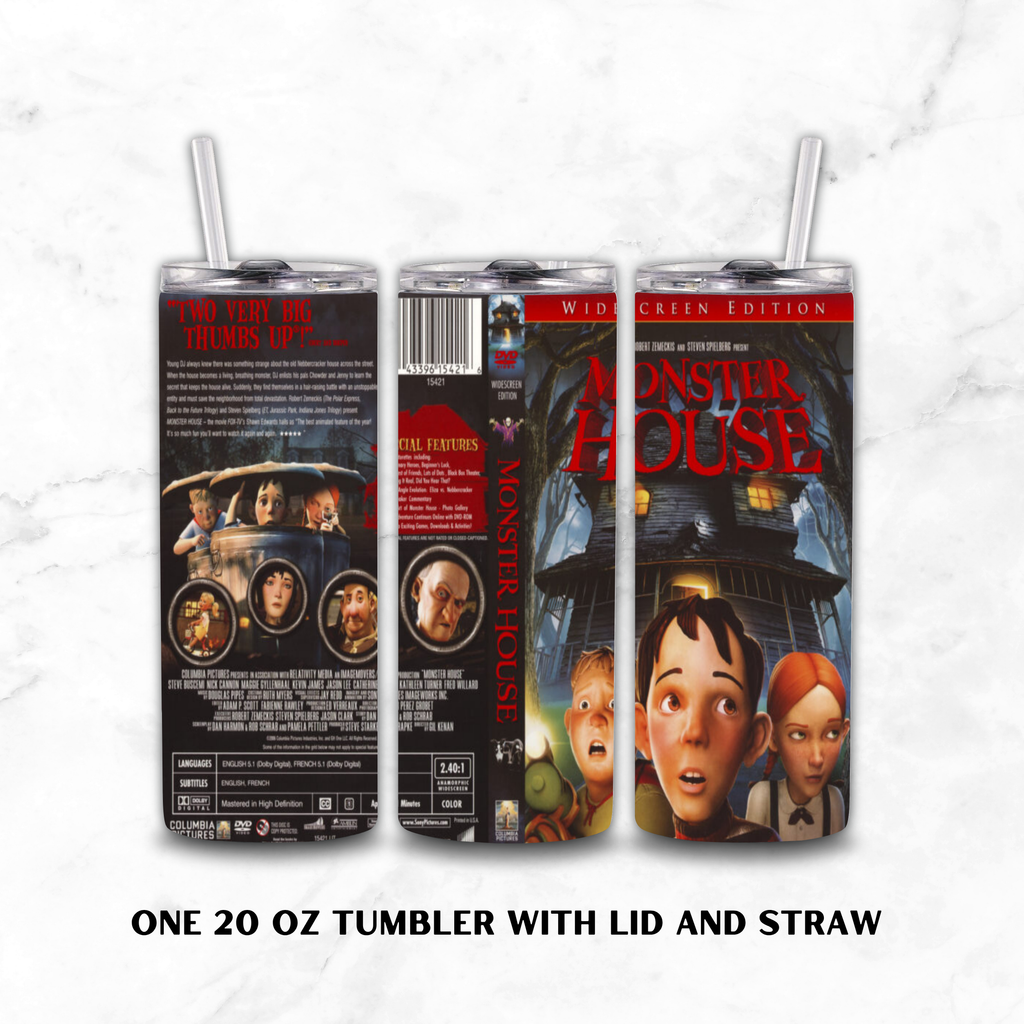 Three views of a 20 oz tumbler with lid and straw, printed with the Monster House movie design, shown on a white marble background with text below.