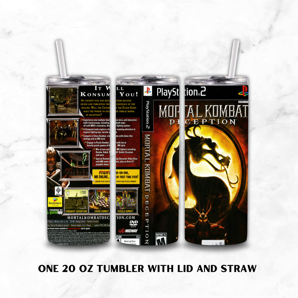Three views of a 20 oz tumbler with lid and straw, printed with PlayStation 2 Mortal Kombat Deception artwork, shown on a white marble background with text reading 'ONE 20 OZ TUMBLER WITH LID AND STRAW'.