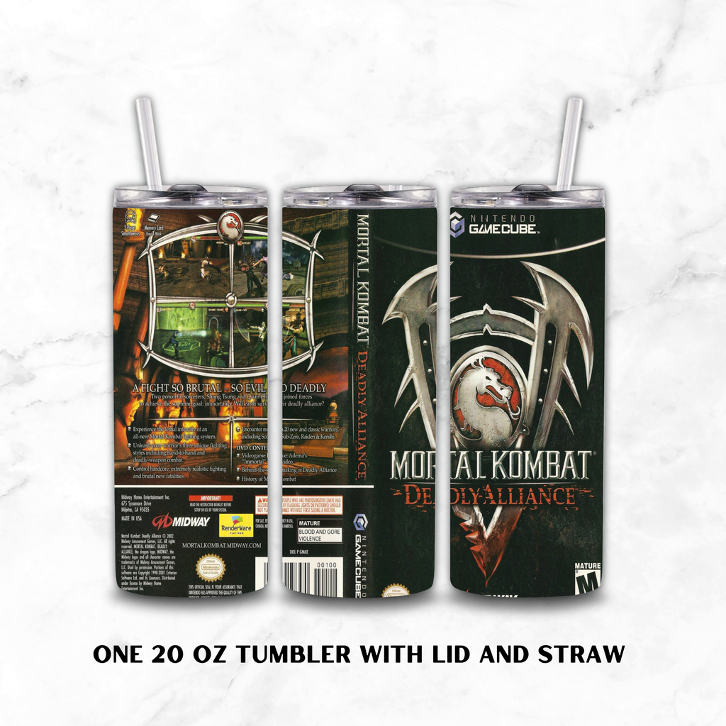 Three views of a 20 oz tumbler with lid and straw, featuring a Mortal Kombat Deadly Alliance video game cover design, shown on a white marble background with text below.