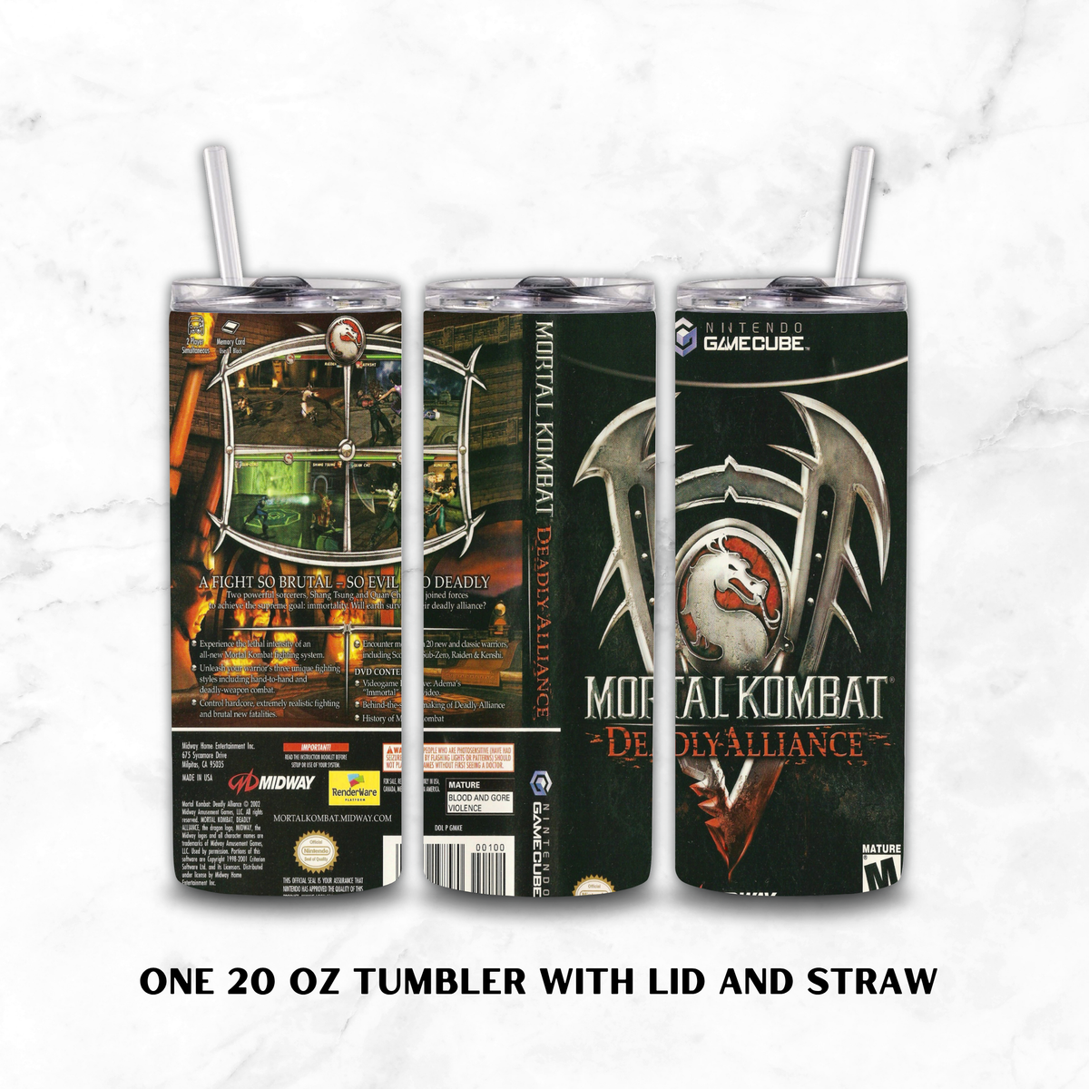 Three views of a 20 oz tumbler with lid and straw, featuring a Mortal Kombat Deadly Alliance video game cover design, shown on a white marble background with text below.