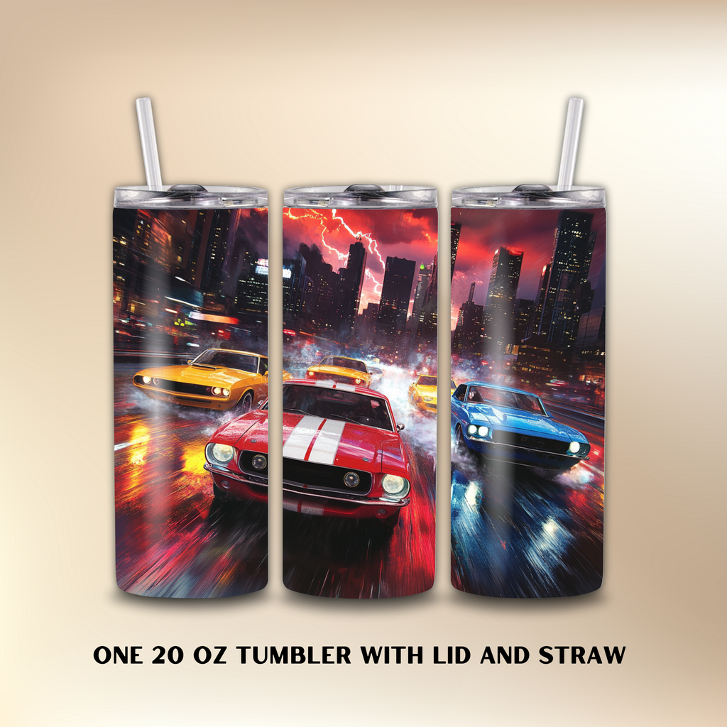 Three 20 oz tumblers with car-themed design on a beige background