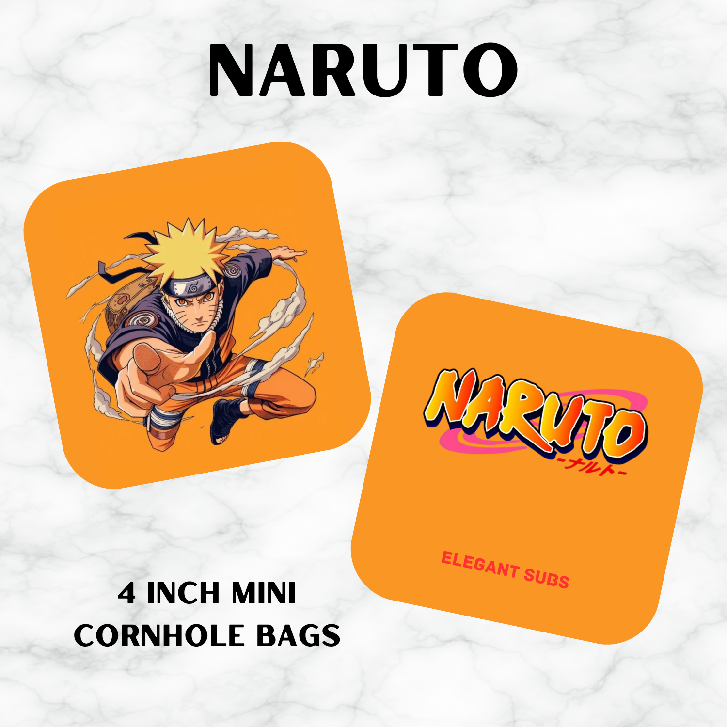 Two Naruto-themed cornhole bags on a white background with 'Naruto' branding.