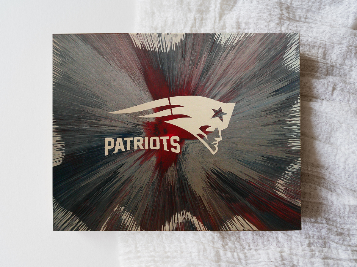 New England Patriots logo spin art canvas on a colorful abstract background