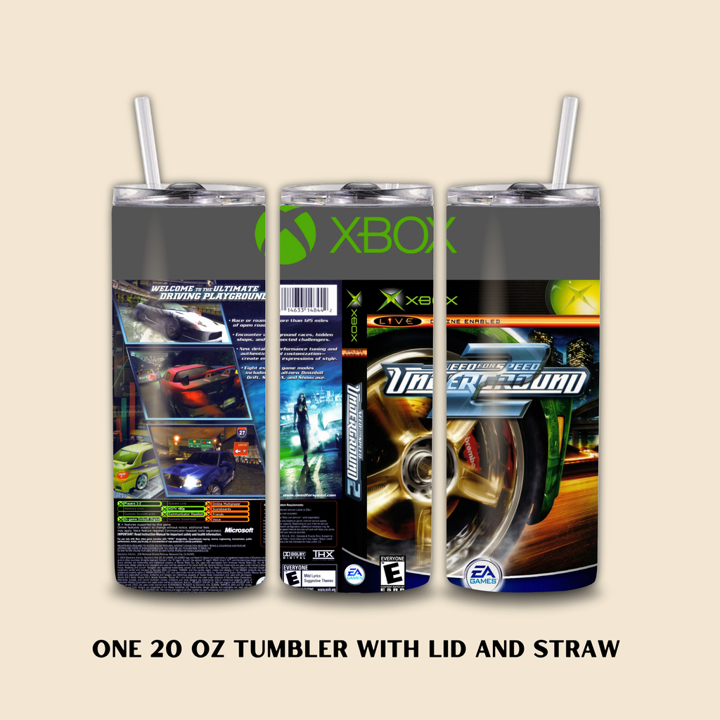 Tumbler with Xbox Need for Speed-themed design on a beige background