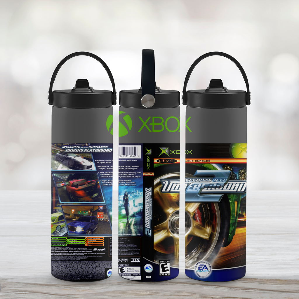 Three sports water bottle designs with Need for Speed branding on a wooden surface.