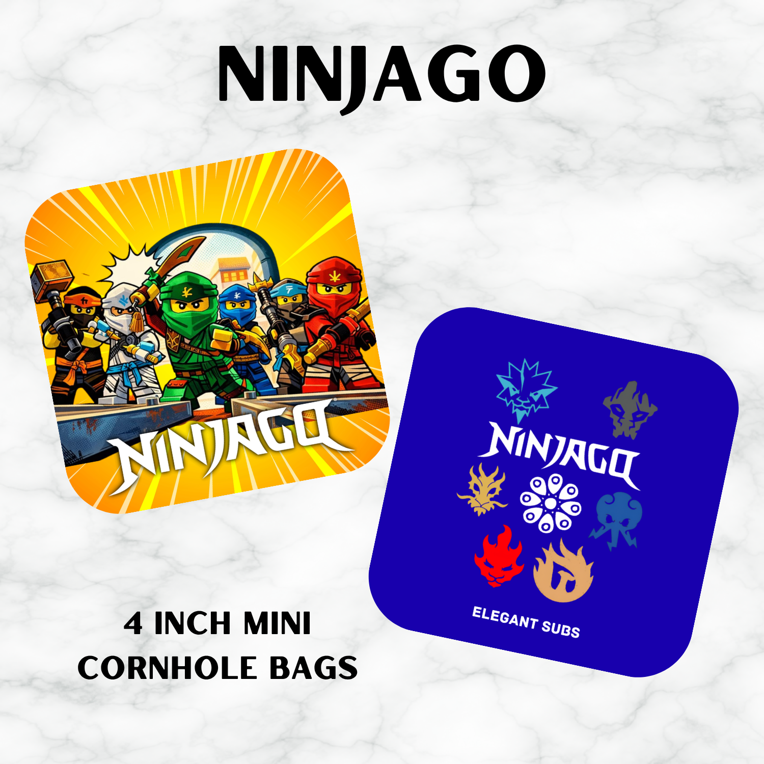 Two Ninjago-themed mini cornhole bags on a white background