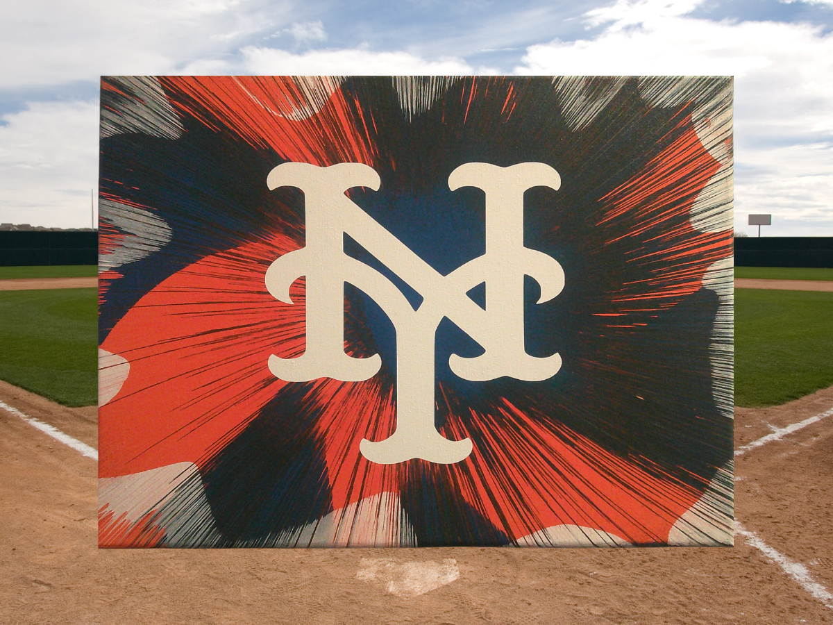 New York Mets Spin Art canvas wall art on baseball field background. 