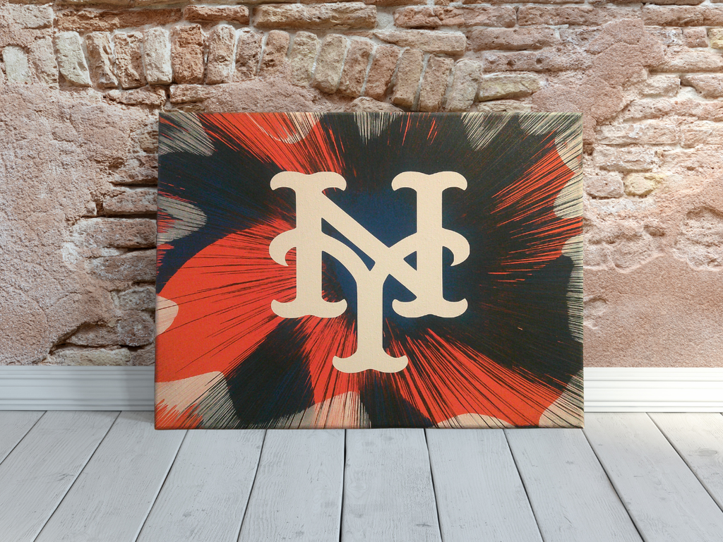 New York Mets Spin Art canvas wall art on a brick wall background.