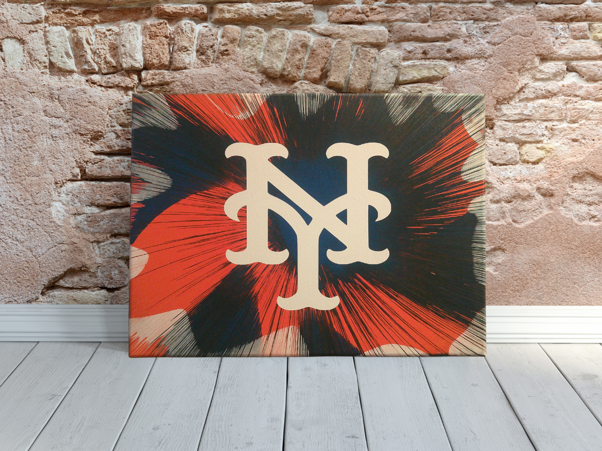 New York Mets Spin Art canvas wall art on a brick wall background.