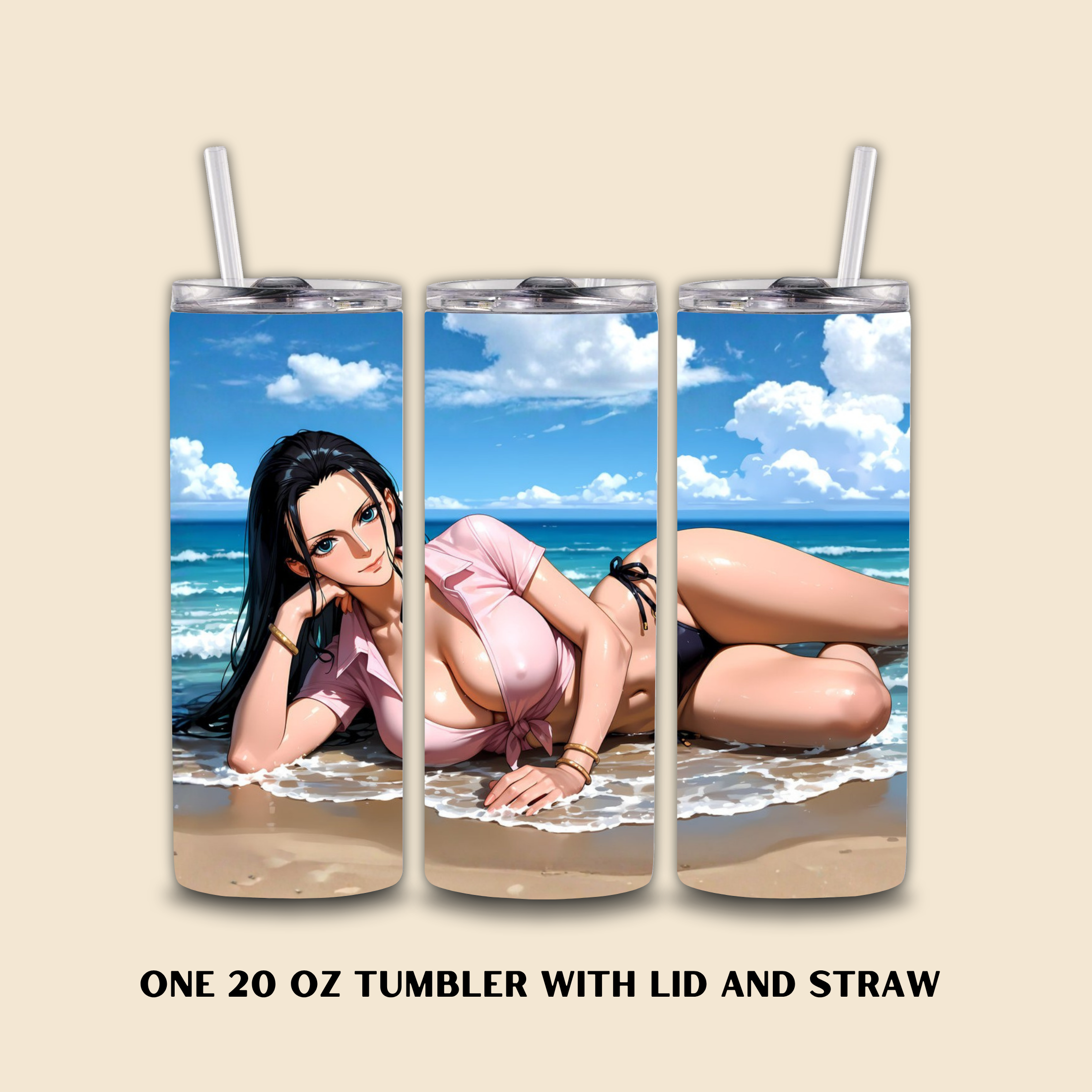 Three 20oz Tumbler with an anime character Nico Robin on a beige background