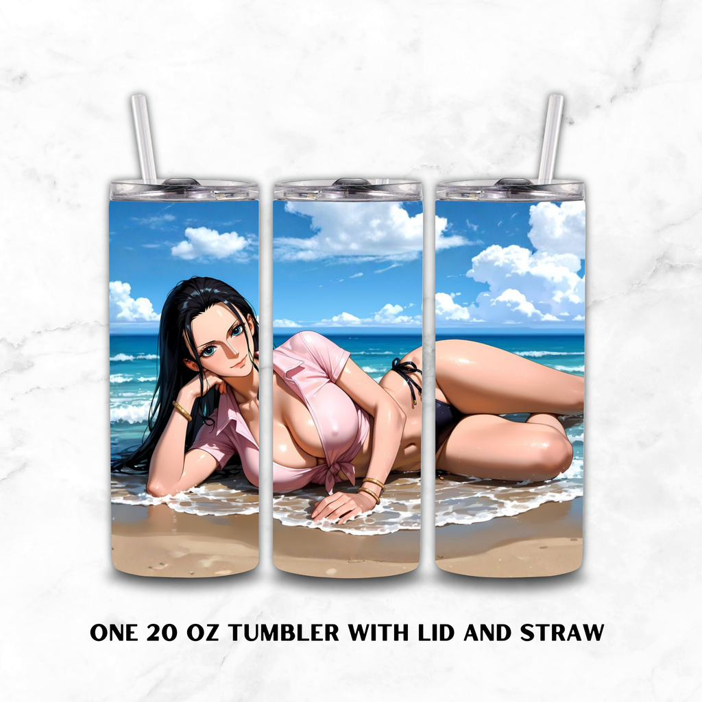 Three views of a 20 oz skinny tumbler with lid and straw, featuring a printed graphic of Nico Robin in a pink bikini on a beach. The tumbler is shown against a white marble background with text at the bottom reading 'ONE 20 OZ TUMBLER WITH LID AND STRAW'.