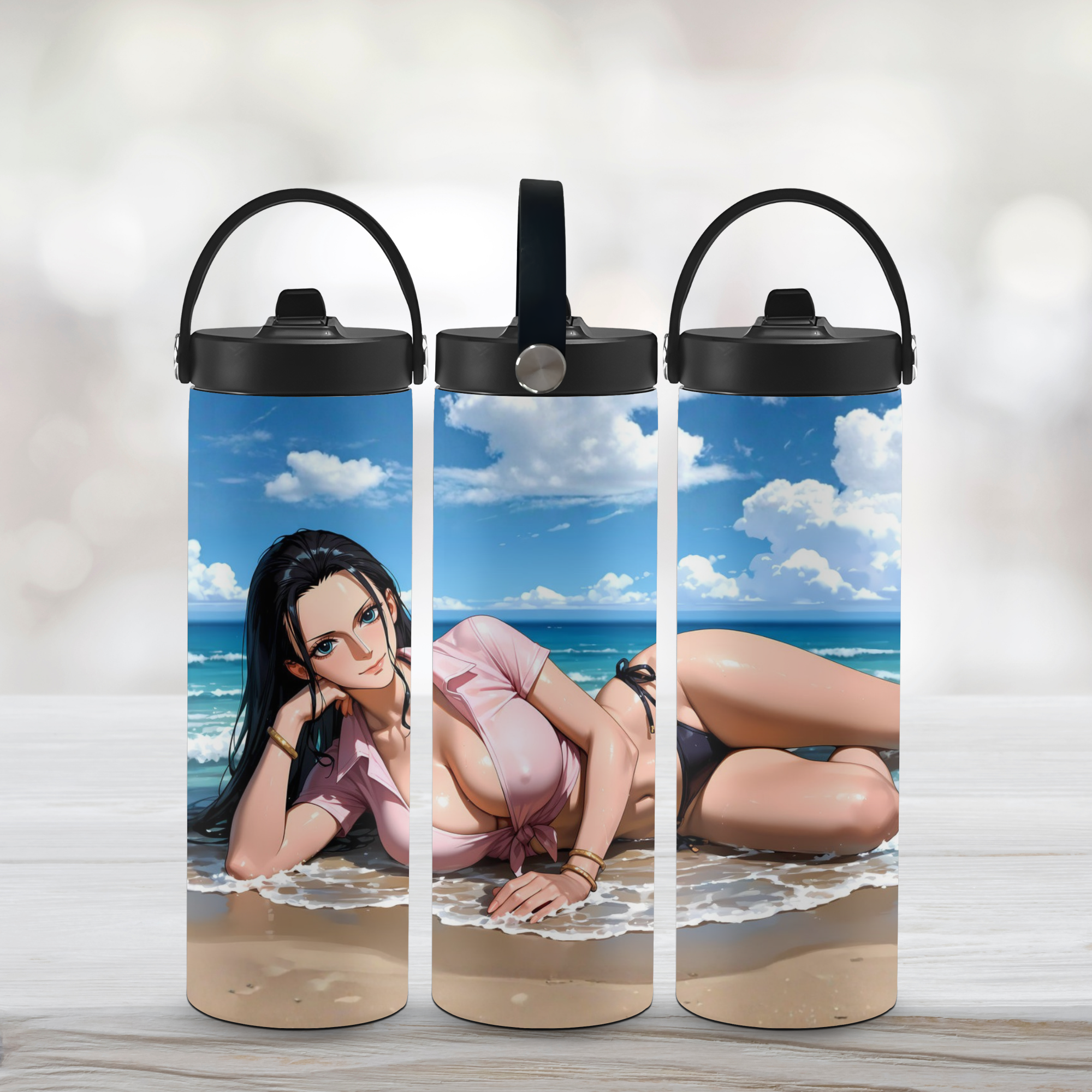 Three sports water bottles with a beach scene design featuring a Nico Robin in swimwear.