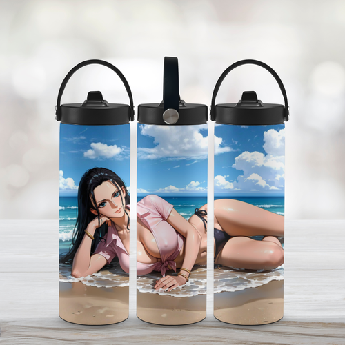Three sports water bottles with a beach scene design featuring a Nico Robin in swimwear.