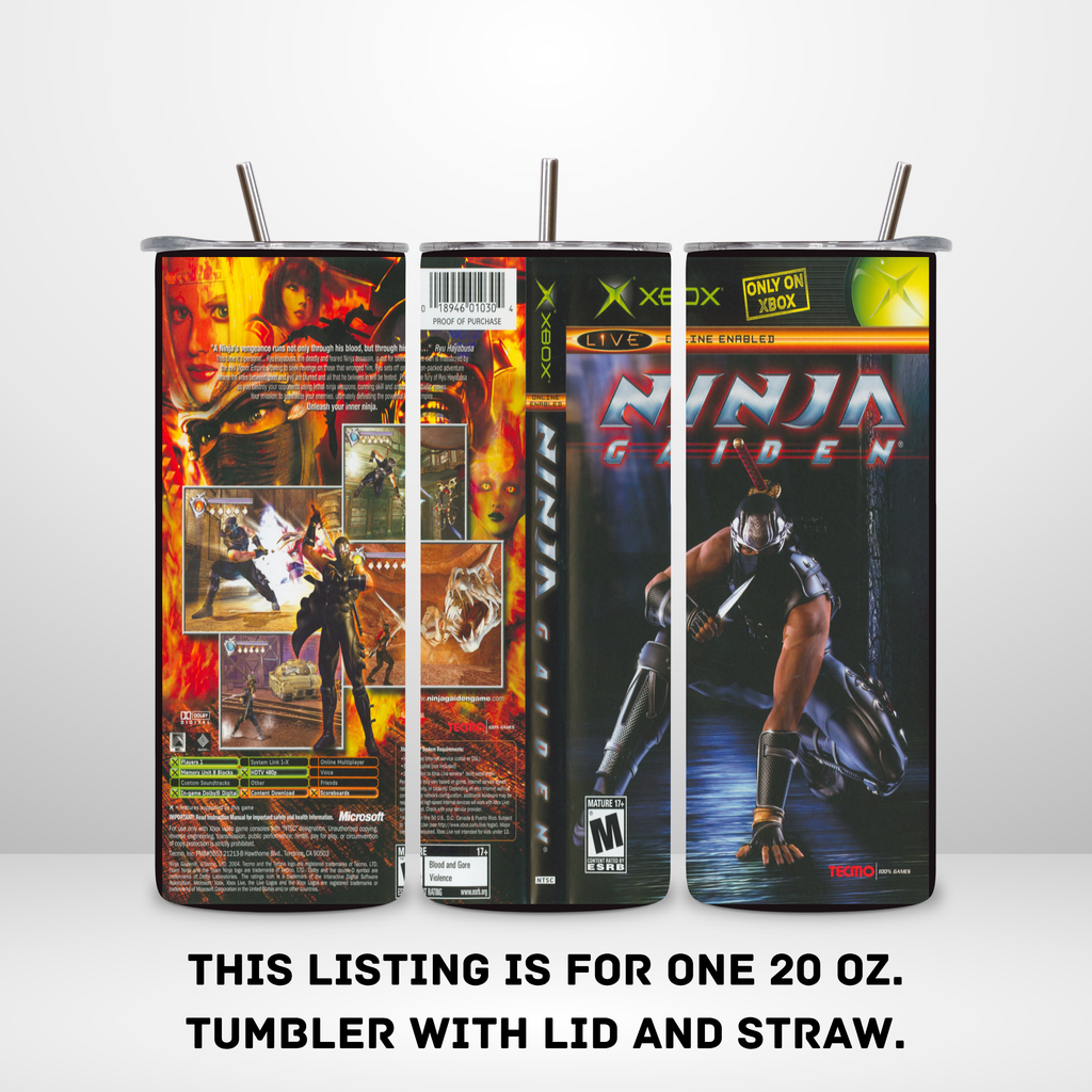 Three views of a 20 oz skinny tumbler with a custom Xbox Live 'Ninja Gaiden' showing the front, back, and side designs. The tumbler features artwork of the video game with the Xbox logo and 'NINJA GAiDEN' text.