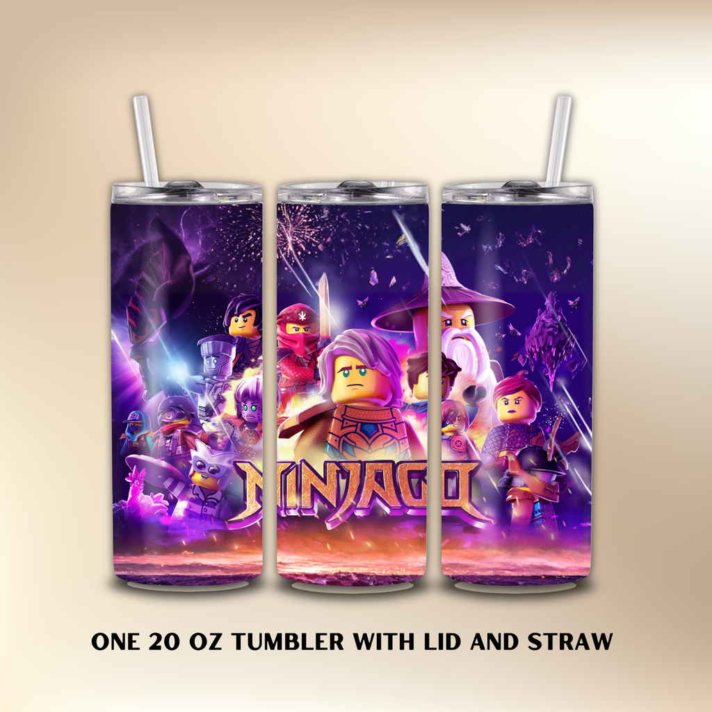 Three 20 oz tumblers with LEGO Ninjago design on a beige background