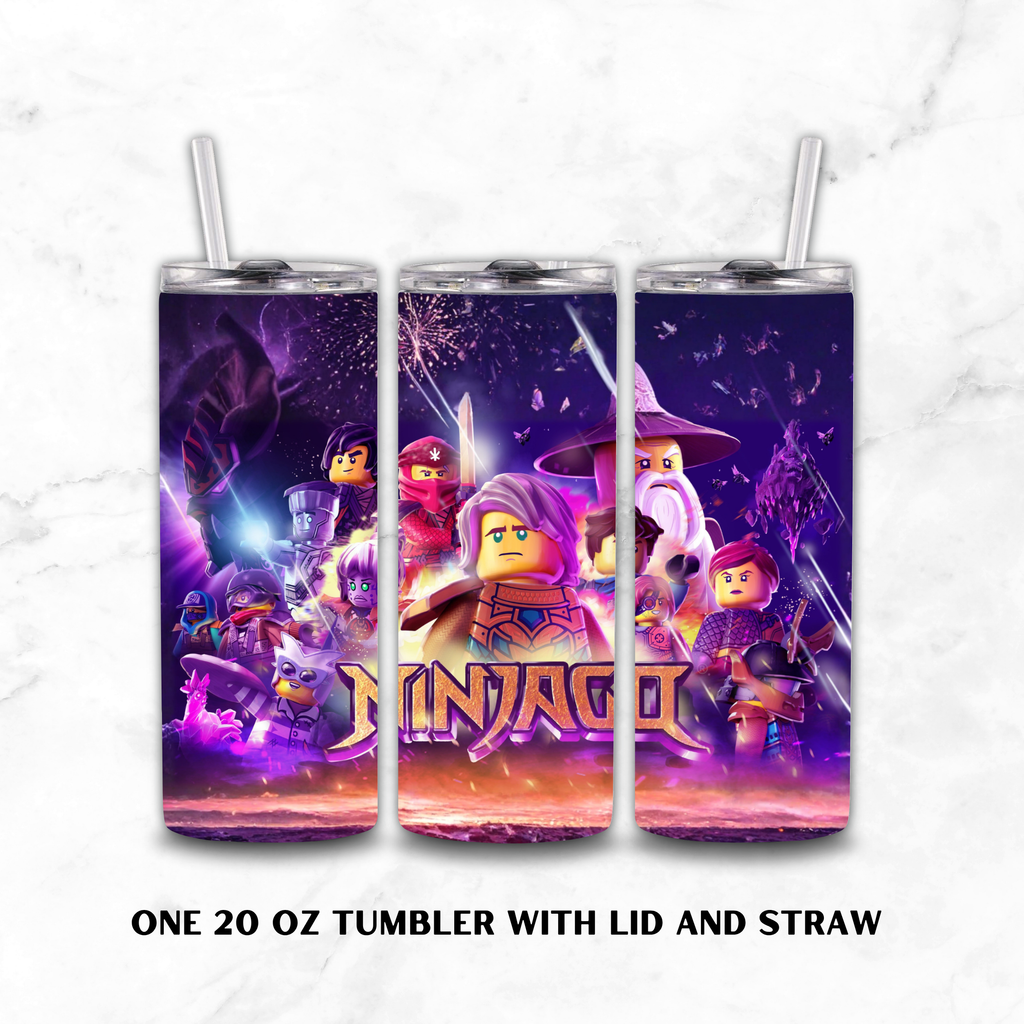 Three views of a 20 oz skinny tumbler with lid and straw, featuring a vibrant LEGO Ninjago character illustration on a purple and black background, set against a white marble texture backdrop.