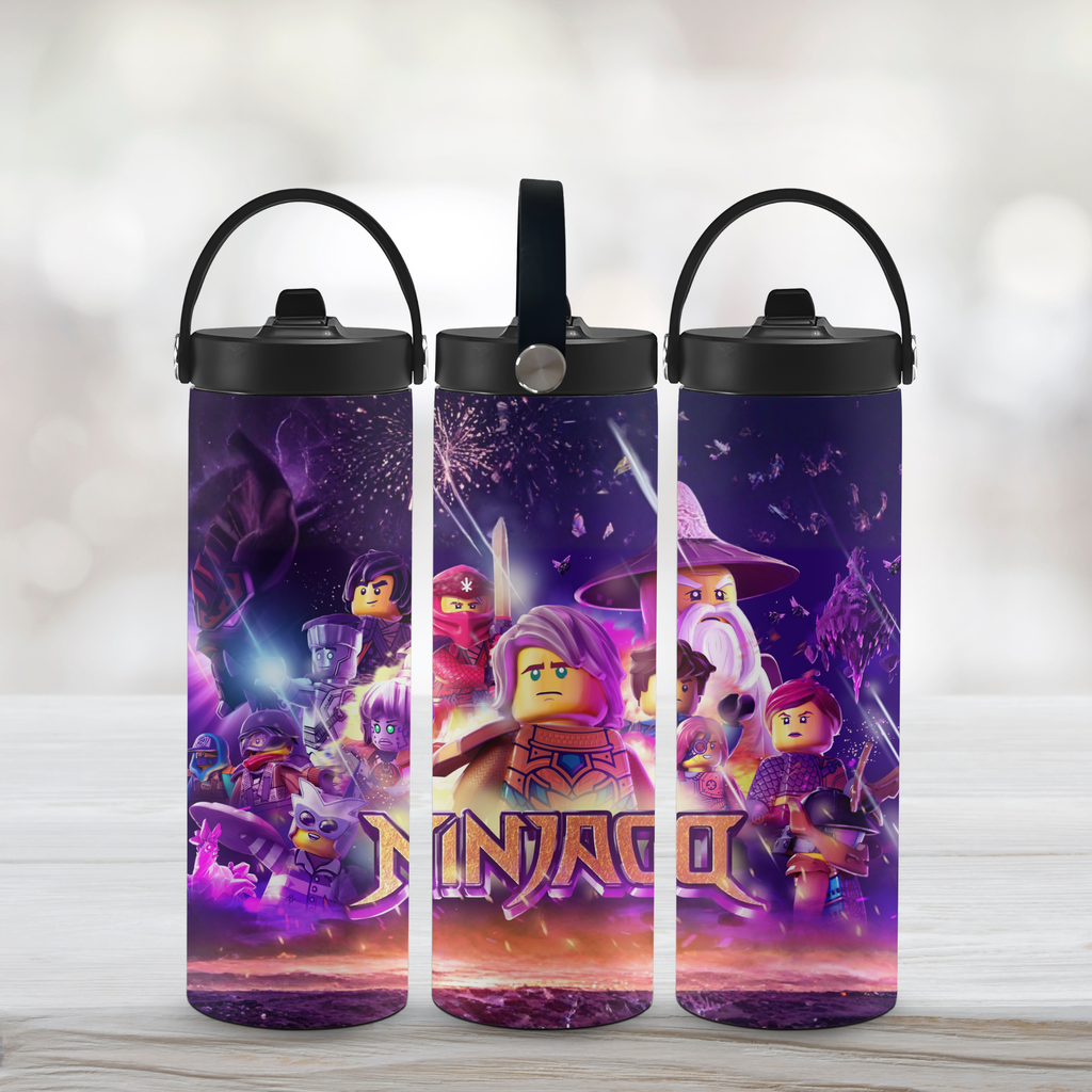 Three sports water bottles with a LEGO Ninjago design on a light background