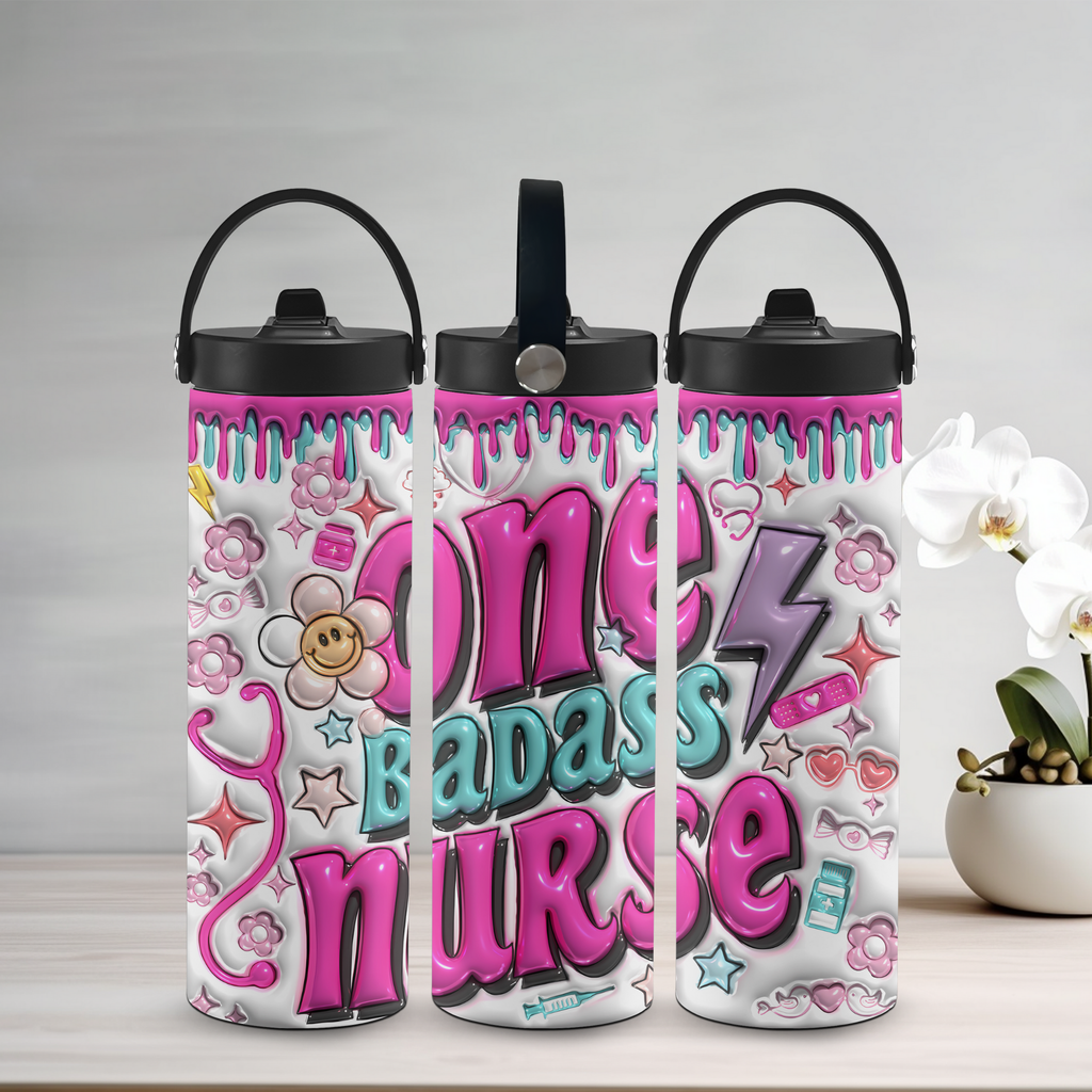 Three water bottles with colorful designs and text on a light gray background.