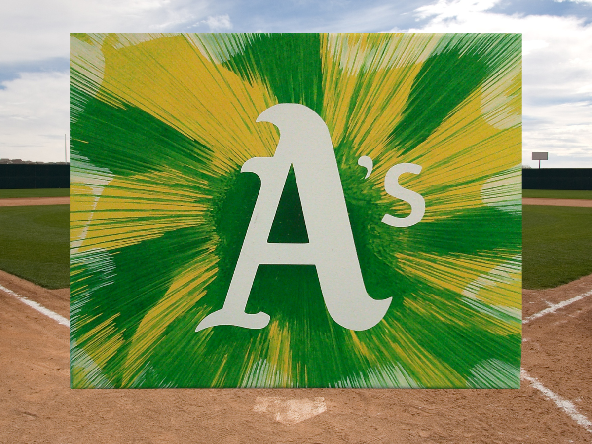 Oakland A's spin art canvas wall art with a baseball field background.