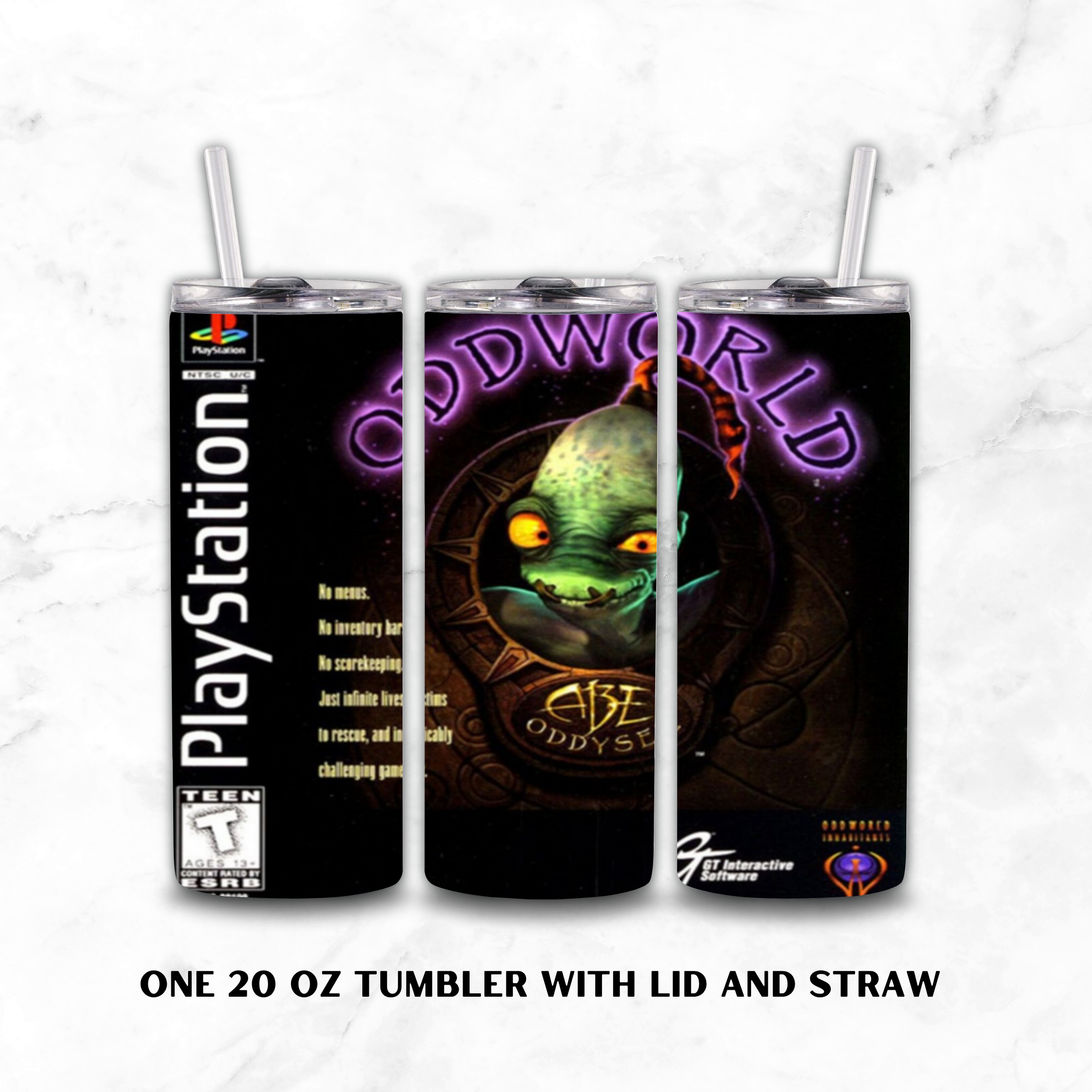 Three views of a 20 oz insulated tumbler with lid and straw, featuring a PlayStation-themed wrap design with the text 'Oddworld Abe Odyssey' and a green alien character on a black background, shown on a light marble surface.