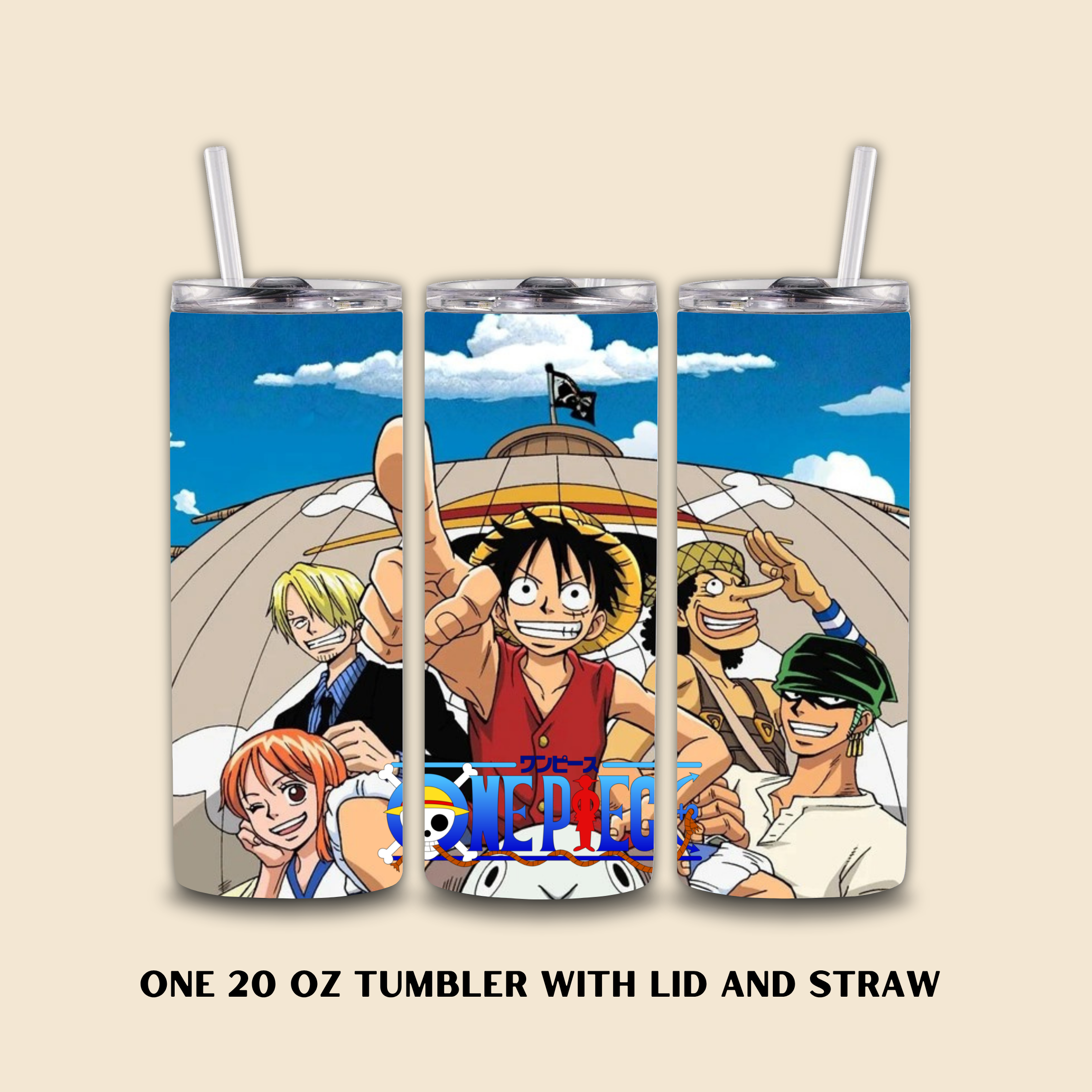 Tumbler with Anime One Piece characters on a beige background