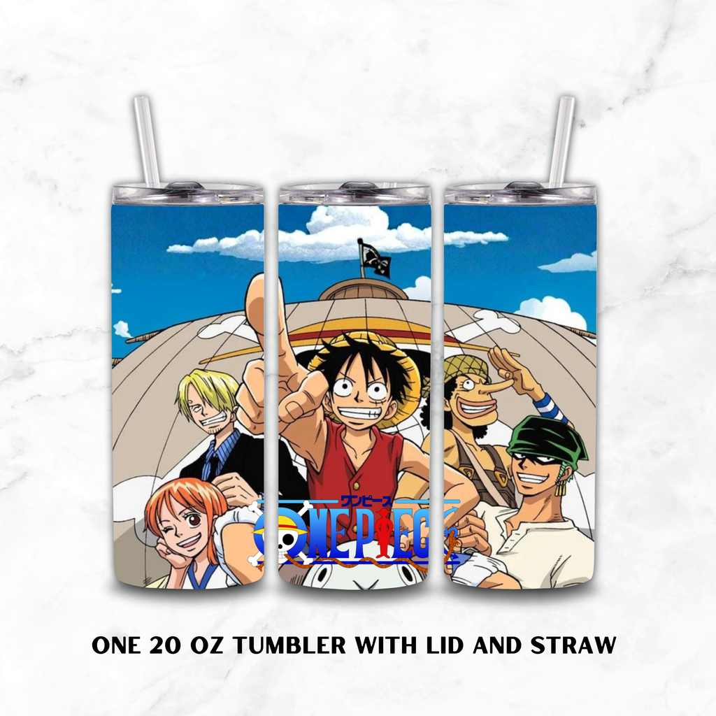 Three-view graphic mockup of a 20 oz tumbler with lid and straw, featuring anime characters from One Piece on a blue sky and beach background, shown on a white marble surface with text below.
