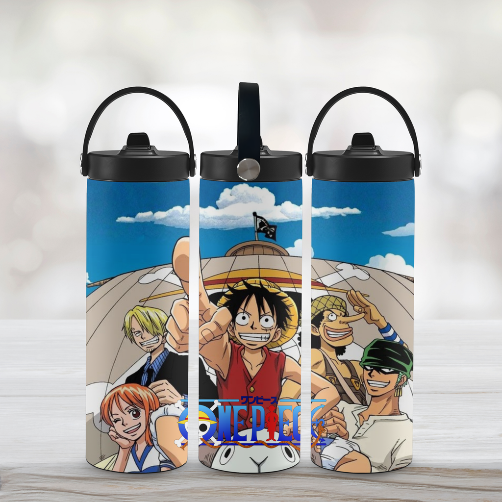 Three water bottles with anime One Piece character designs on a light background