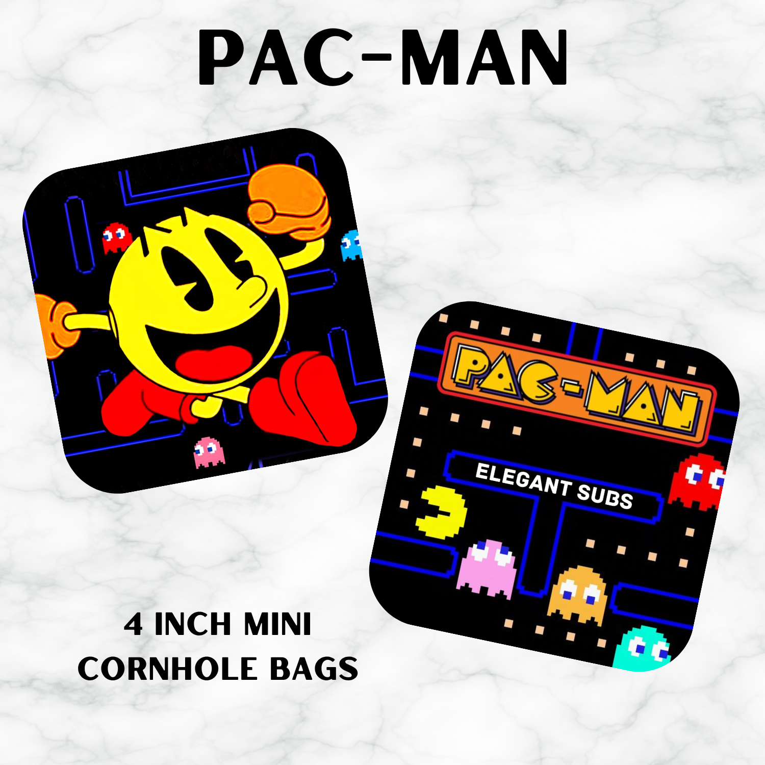 Pac-man themed mini cornhole bags on a white background. 