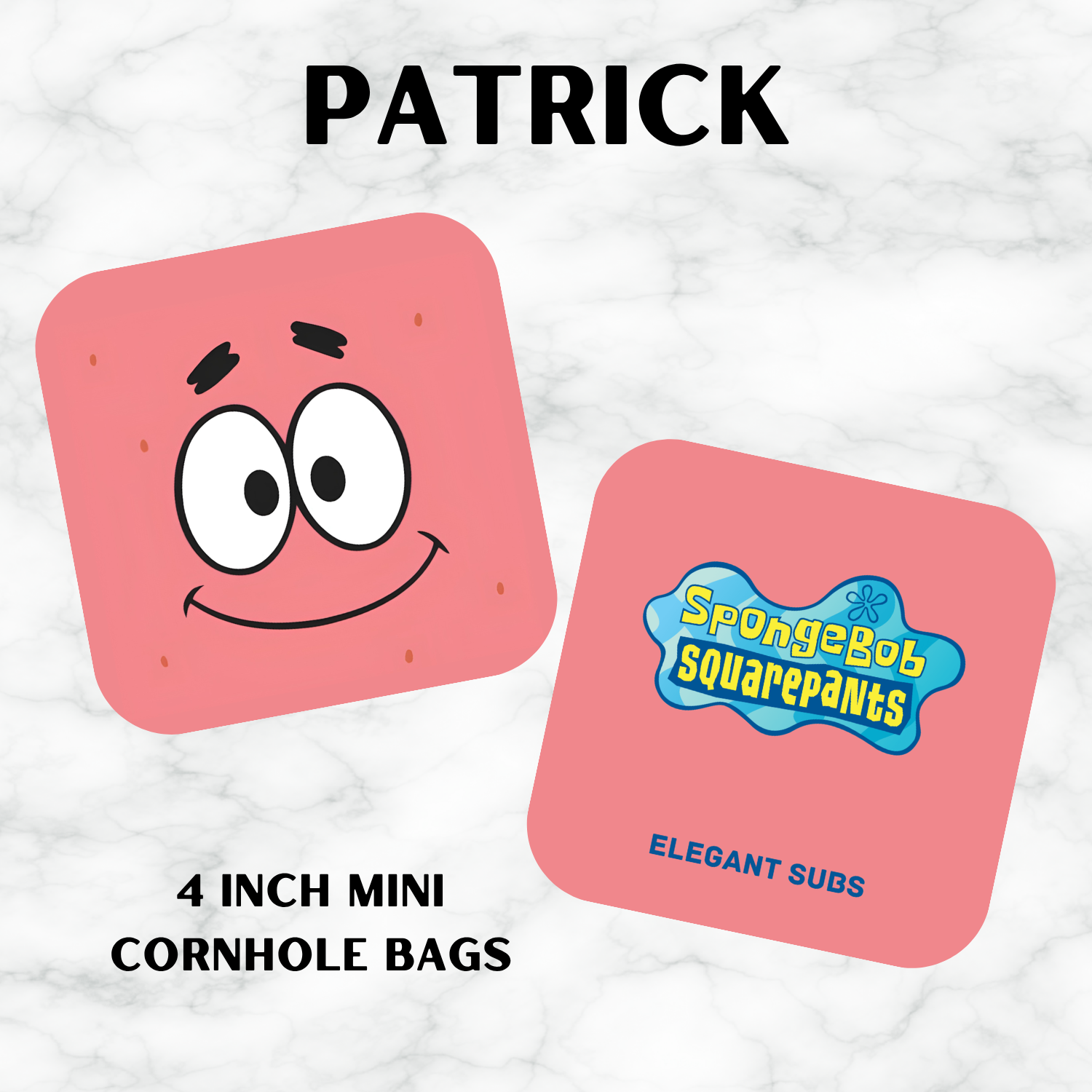 Two pink cornhole bags with Patrick from SpongeBob SquarePants on a white background