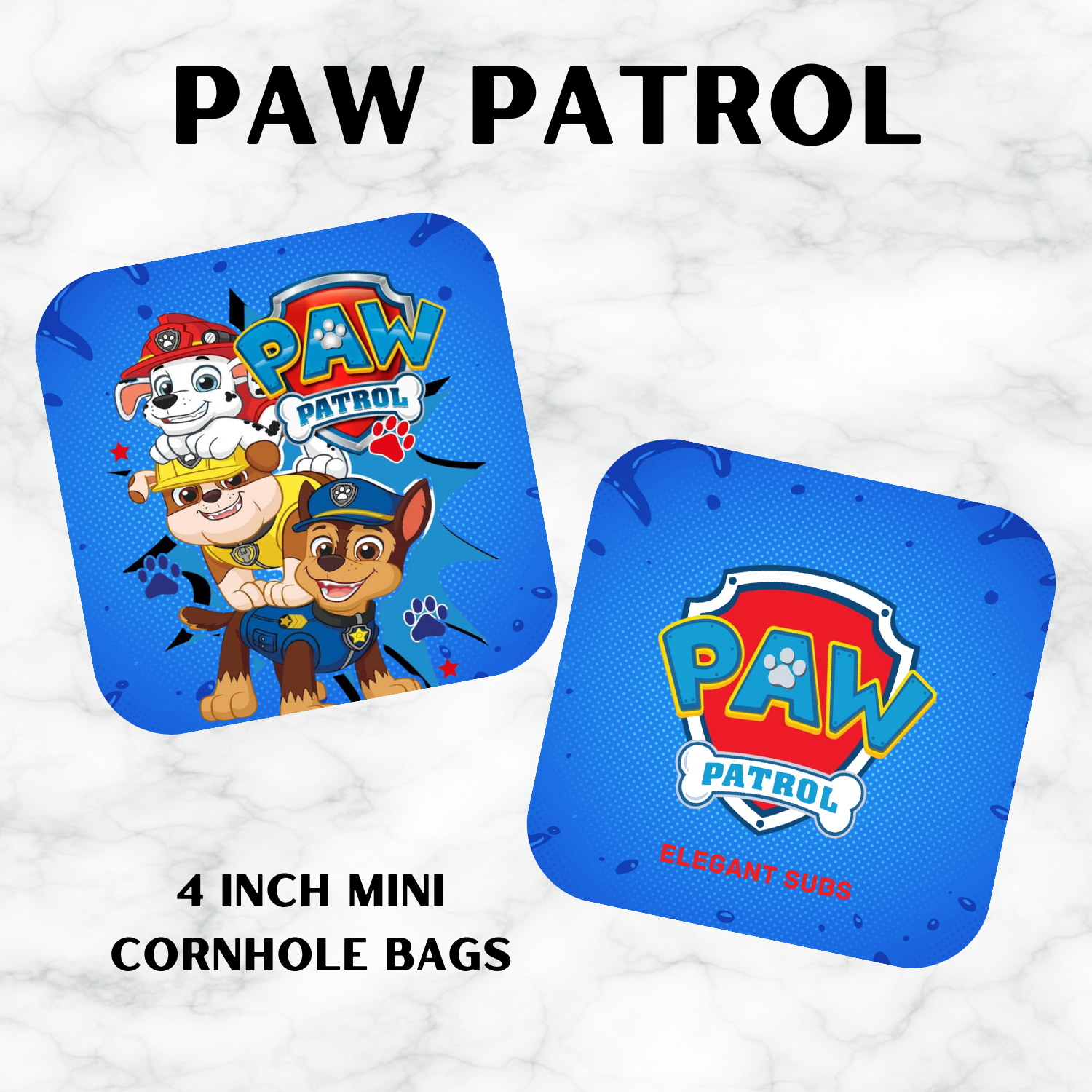 Two blue cornhole bags with Paw Patrol design on a white background