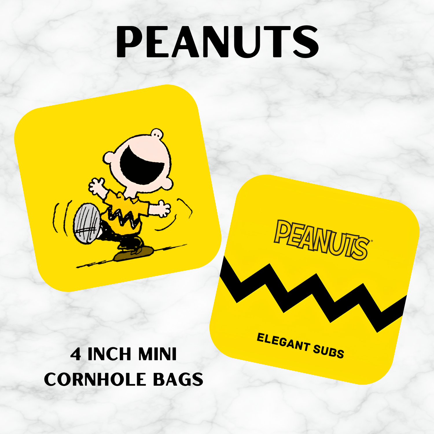 Two yellow cornhole bags with Peanuts character Charlie Brown design on a white background