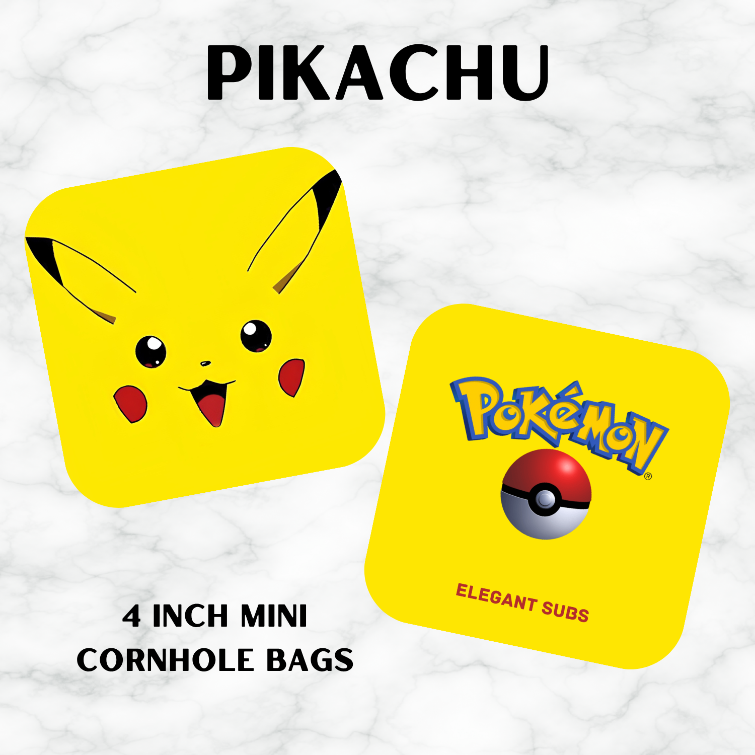 Two yellow mini cornhole bags with Pikachu design and Pokémon logo on a white background