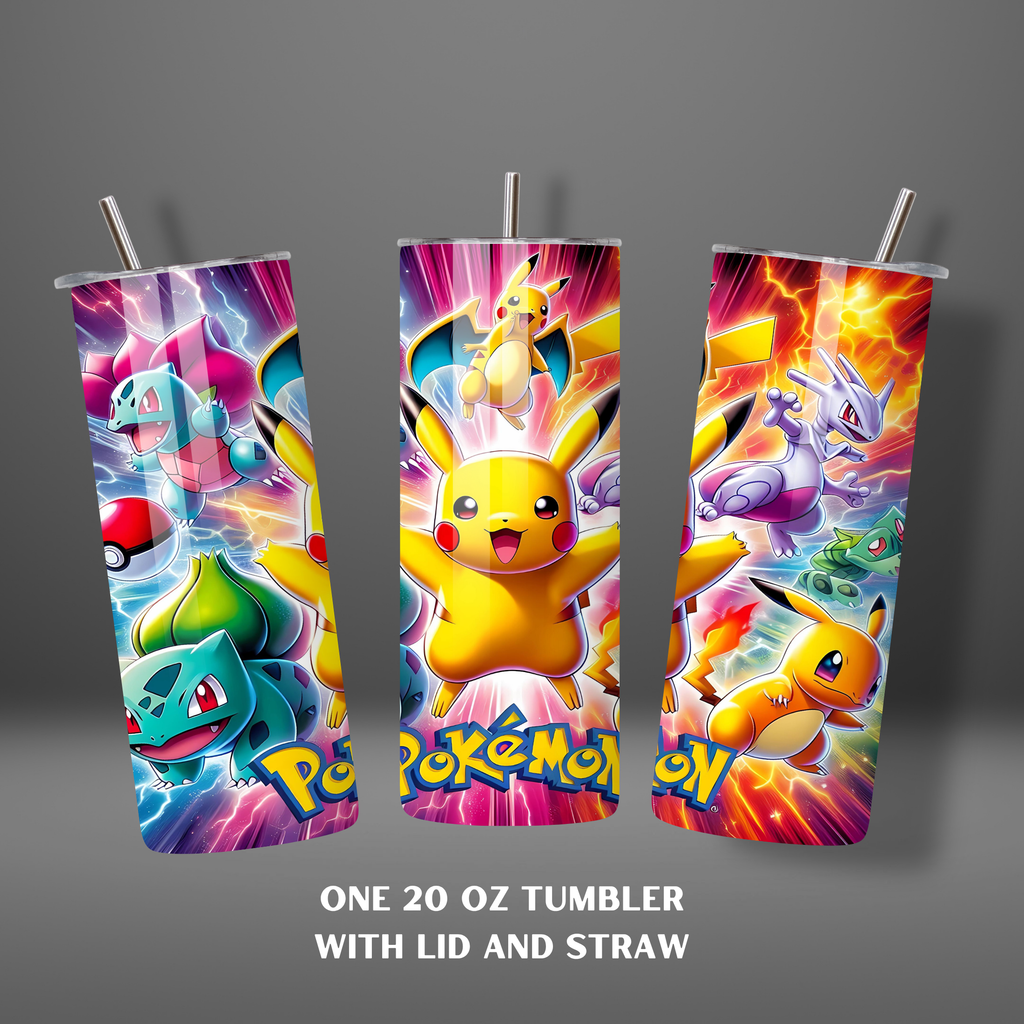 Three colorful tumbler with lids and straws featuring Pokémon characters on a gray background.