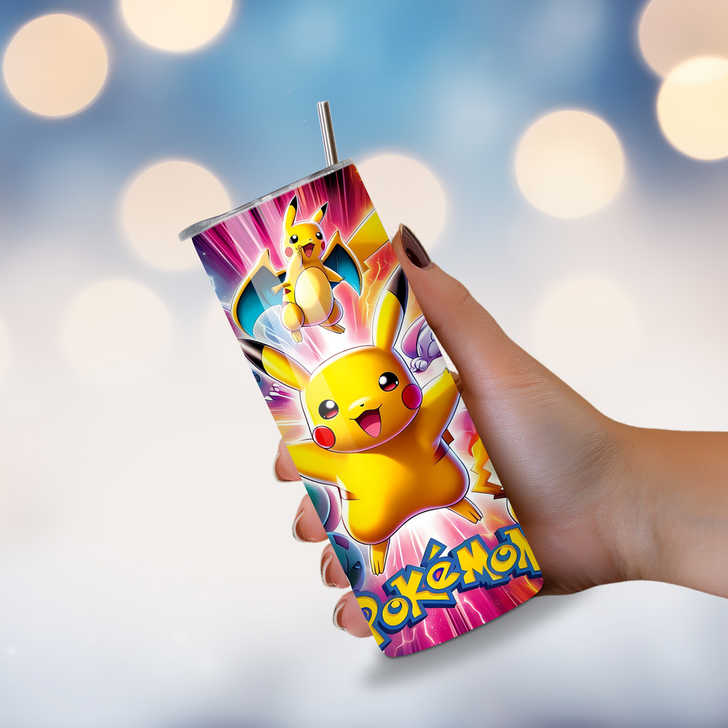 Colorful Pokémon-themed tumbler held by a hand with a blurred light background