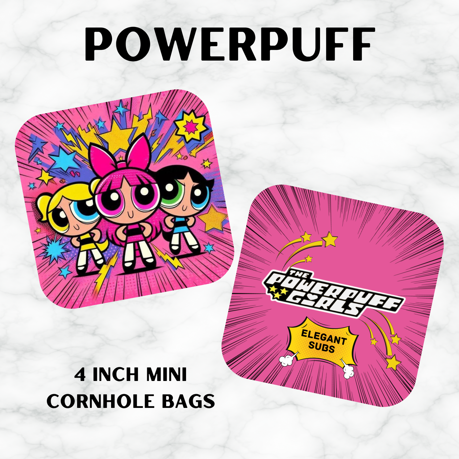 Two Powerpuff Girls cornhole bags on a white background with 'Powerpuff' text above.