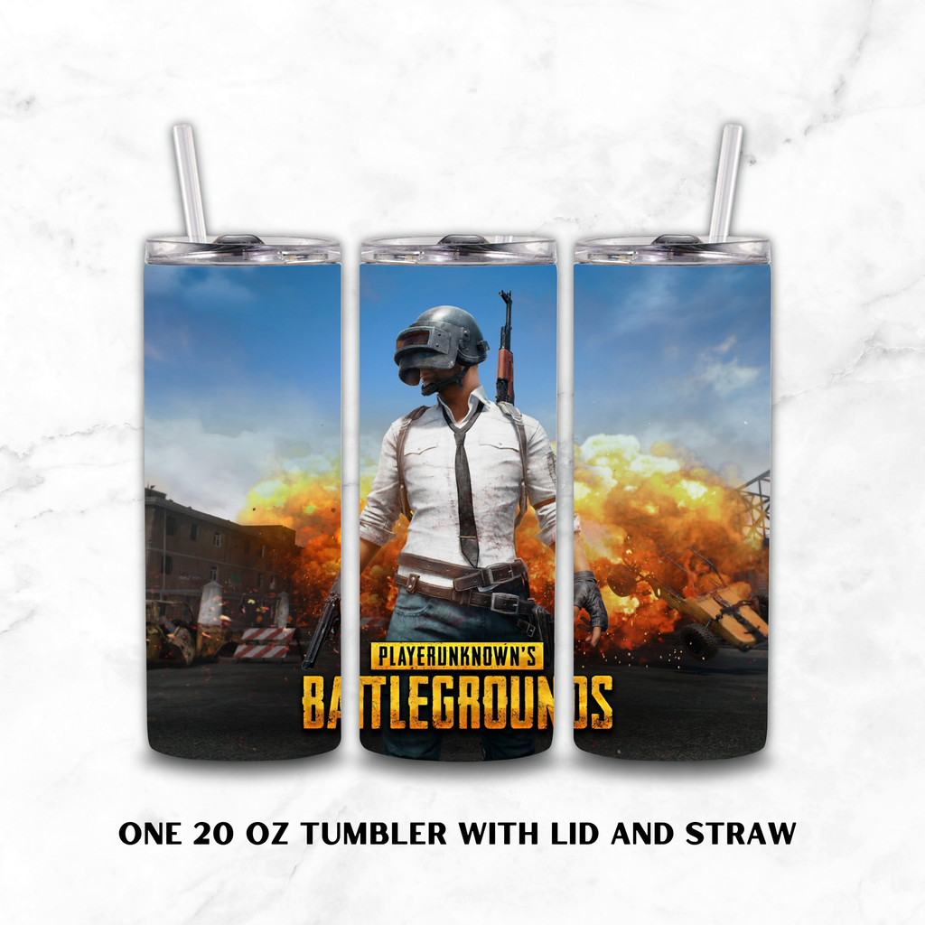 Three views of a 20 oz tumbler with lid and straw, featuring a PlayerUnknown's Battlegrounds character graphic on a white marble background.
