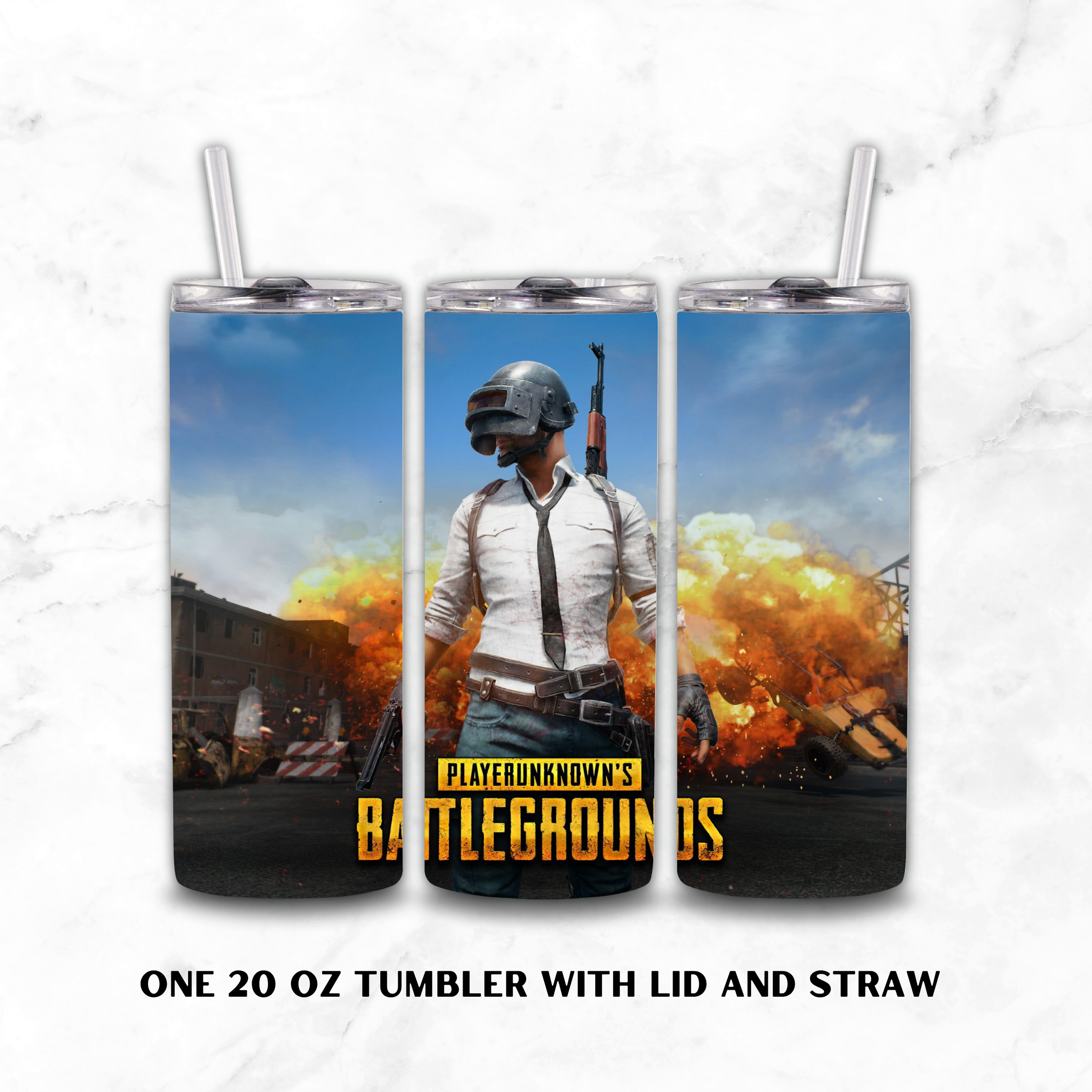 Three views of a 20 oz tumbler with lid and straw, featuring a PlayerUnknown's Battlegrounds character graphic on a white marble background.