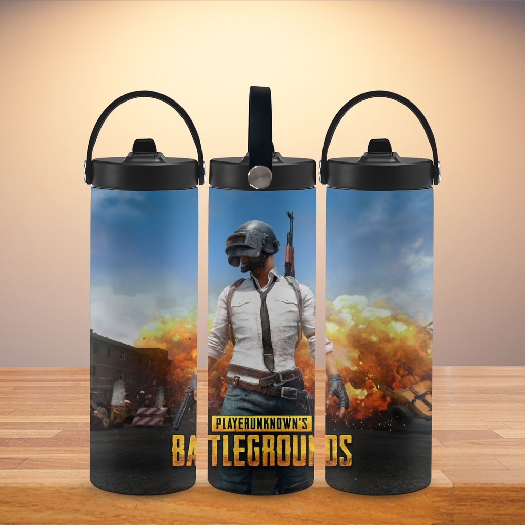 Three sports water bottles with 'PlayerUnknown's Battlegrounds' design on a wooden surface.