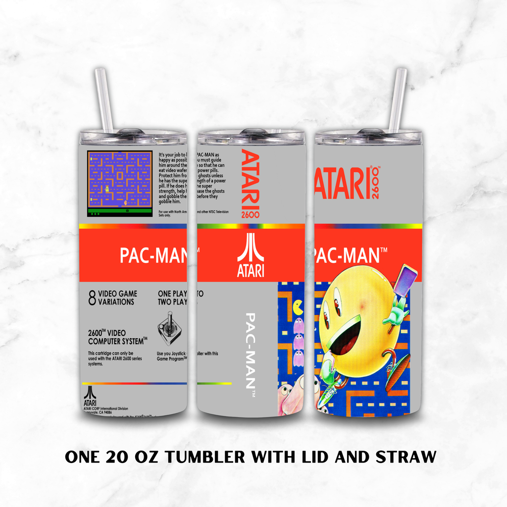 Three views of a 20 oz stainless steel tumbler with lid and straw, featuring retro Pac-Man graphics on a light gray background. The designs include a classic arcade screen, the Atari 2600 logo, and Pac-Man with colorful maze elements.
