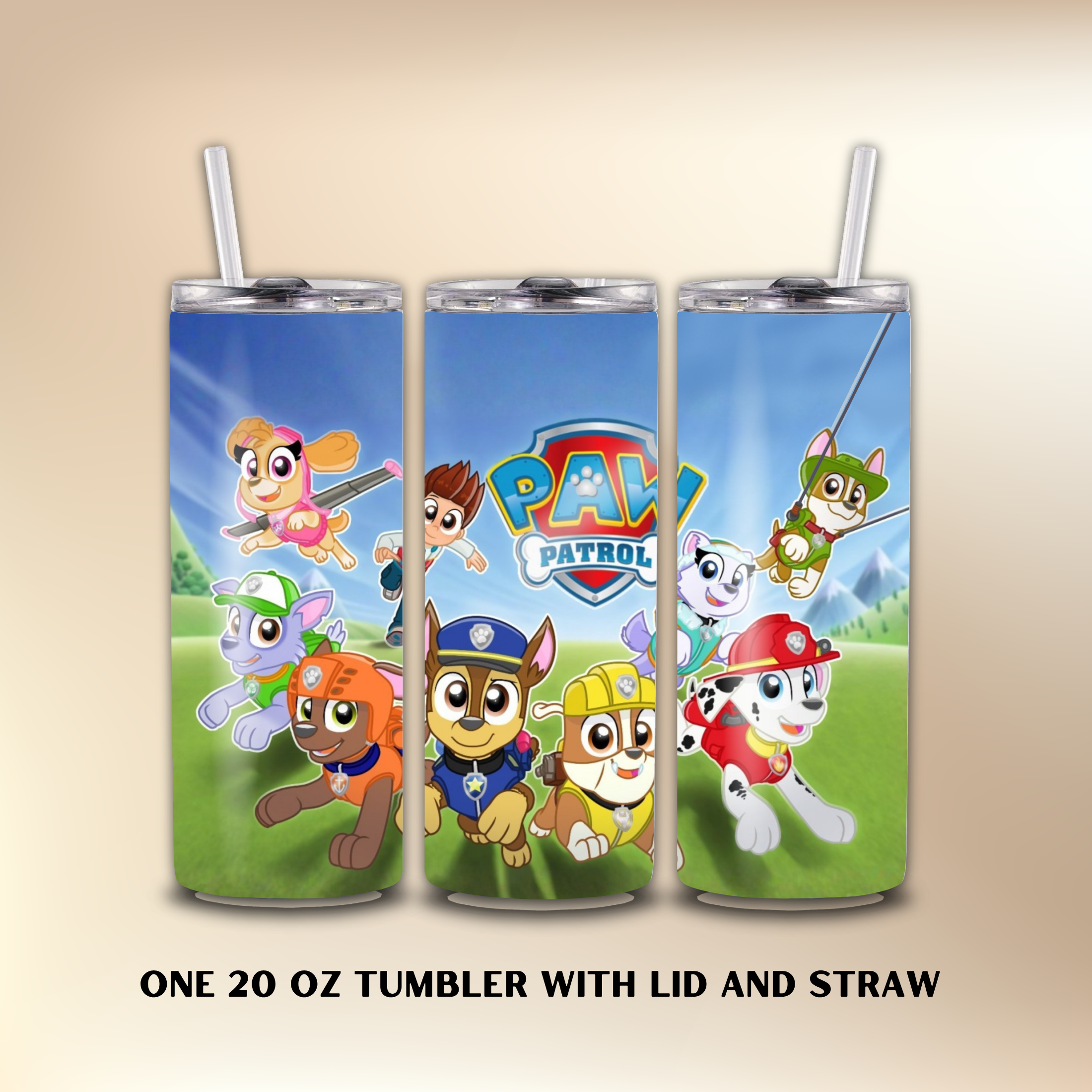 Three 20oz tumblers with Paw Patrol design on a beige background
